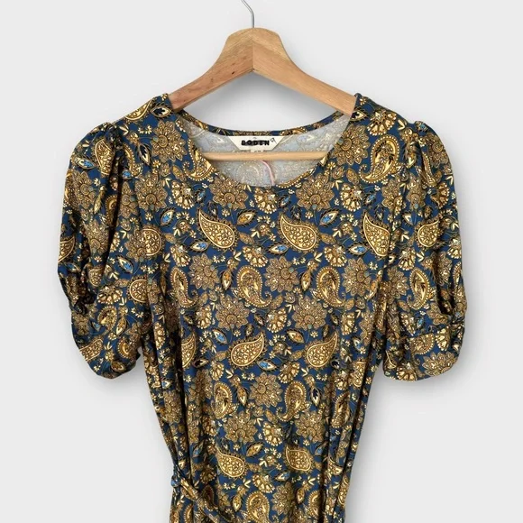 NEW Boden Knot Detail Jersey Mini Dress in Harvest Gold/Paisley Terrace, size 8r - Picture 2 of 8